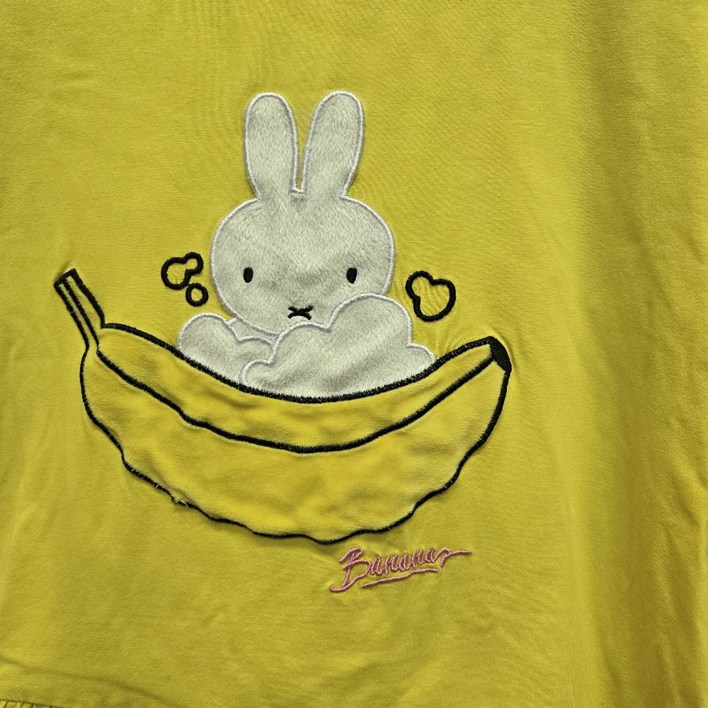 Velour Bunny Embroidered Banana Ruffle Sleeve Peplum Boxy Stretch Top Large